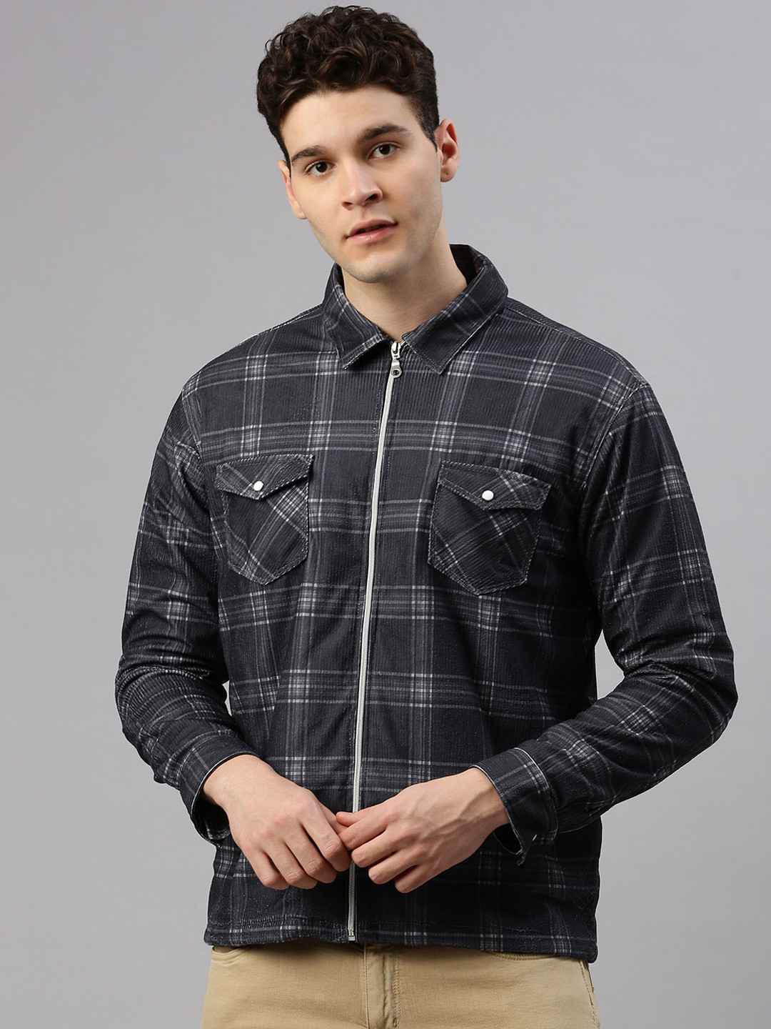 

ZEDD Checked Spread Collar Lightweight Corduroy Cotrise Cotton Tailored Jacket, Black