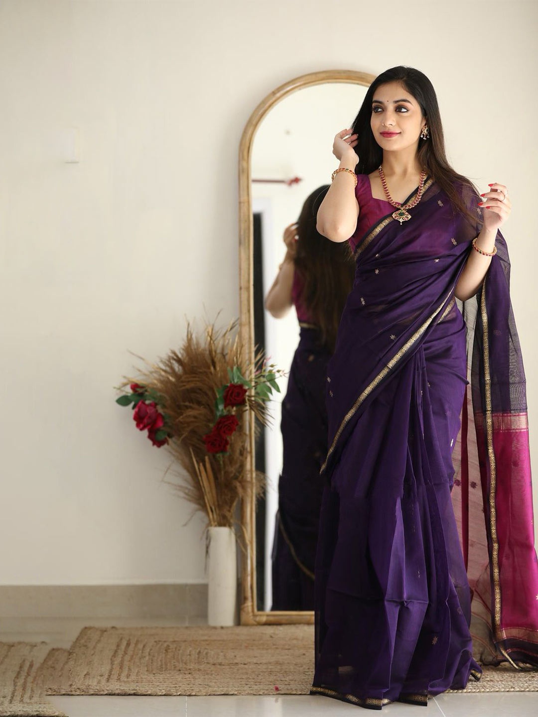 

NIWAA Ethnic Motifs Zari Maheshwari Saree, Purple