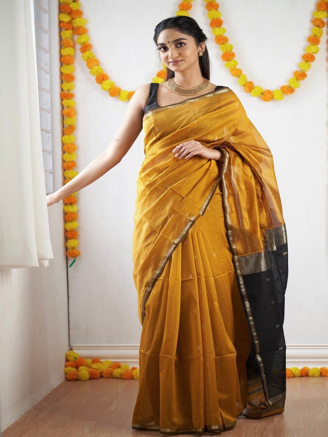 

NIWAA Zari Maheshwari Saree, Yellow