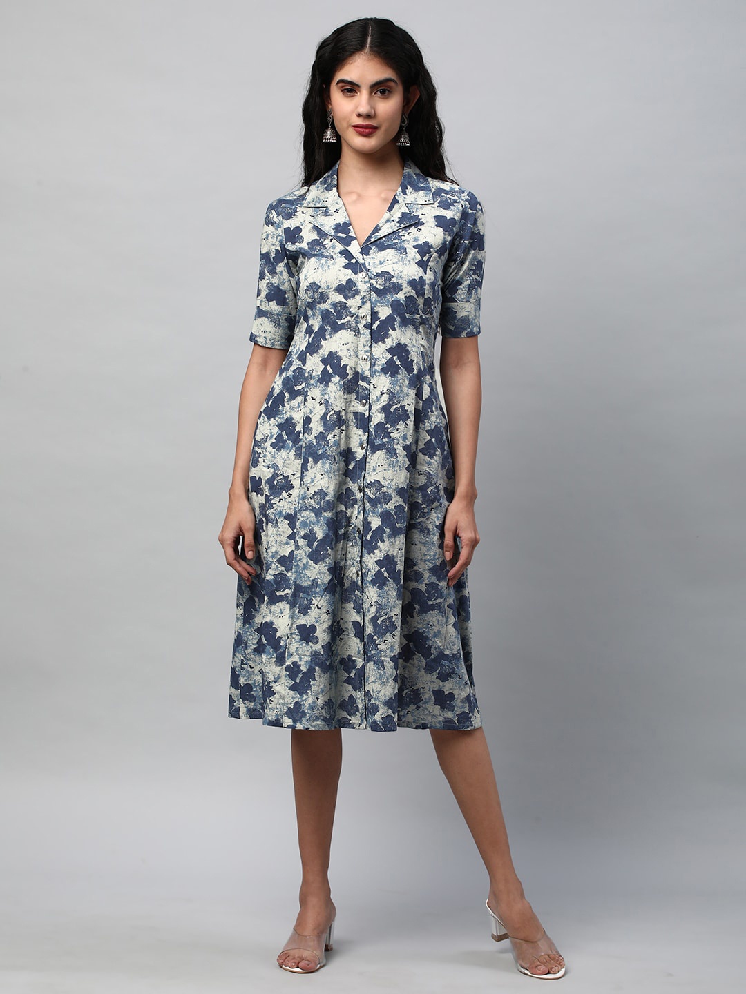 

KAMI KUBI Floral Printed Shirt Collar Cotton A-Line Midi Dress With Pocket, Blue