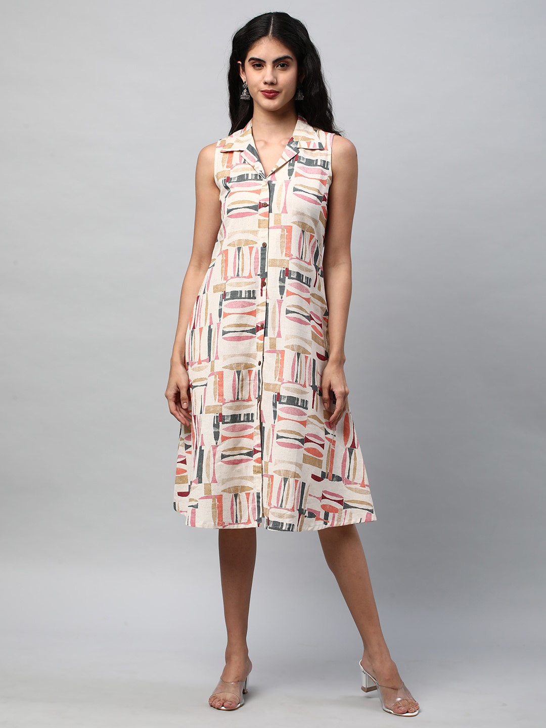 

KAMI KUBI Abstract Printed Shirt Collar Cotton A-Line Midi Dress With Pocket, White