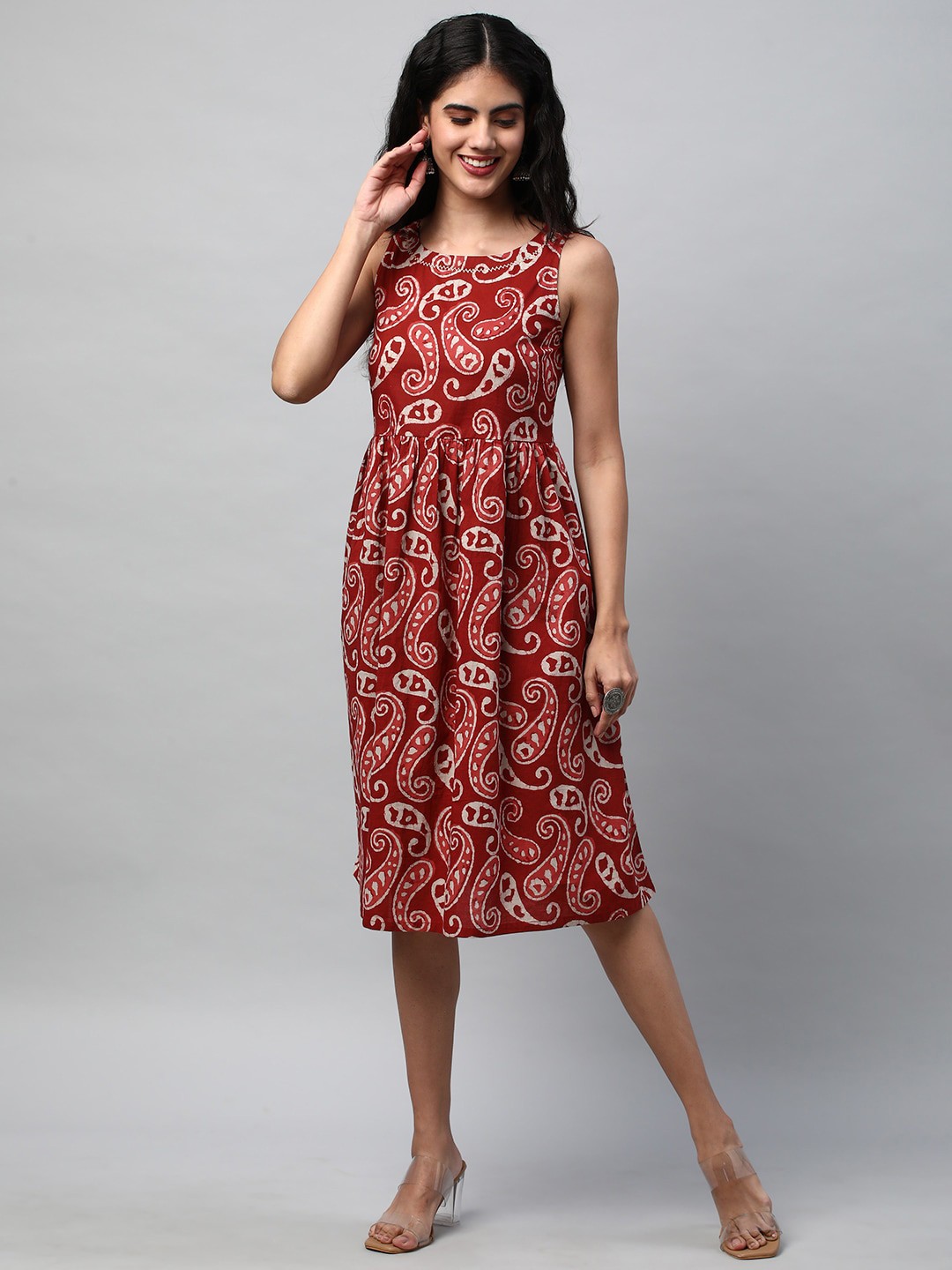 

KAMI KUBI Floral Printed Shoulder Straps Cotton Fit & Flare Dress, Red