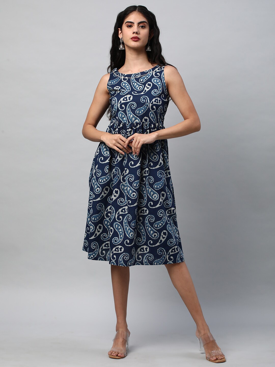 

KAMI KUBI Floral Printed Round Neck Cotton Fit & Flare Dress With Hand Embroidery., Blue