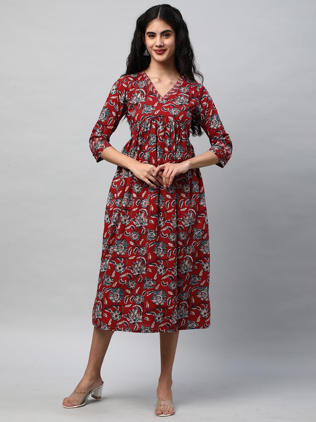 

KAMI KUBI Floral Printed V-Neck Cotton A-Line Midi Dress And Side Pocket., Red