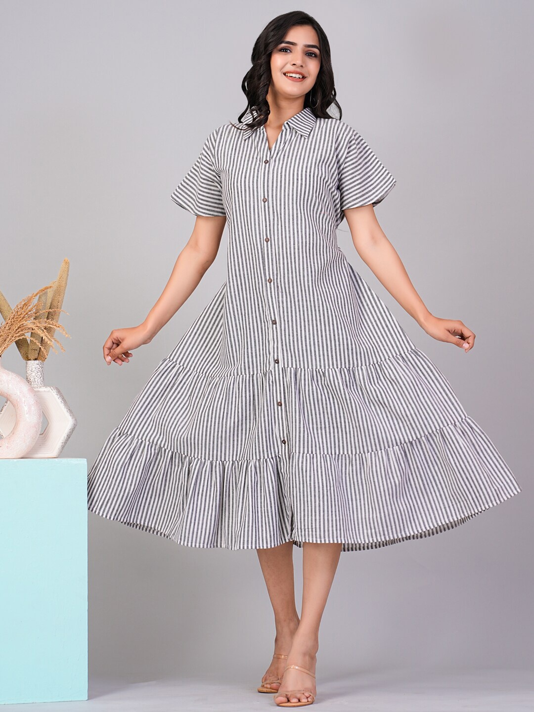 

FLAMBOYANT Striped Shirt Midi Dress, Black