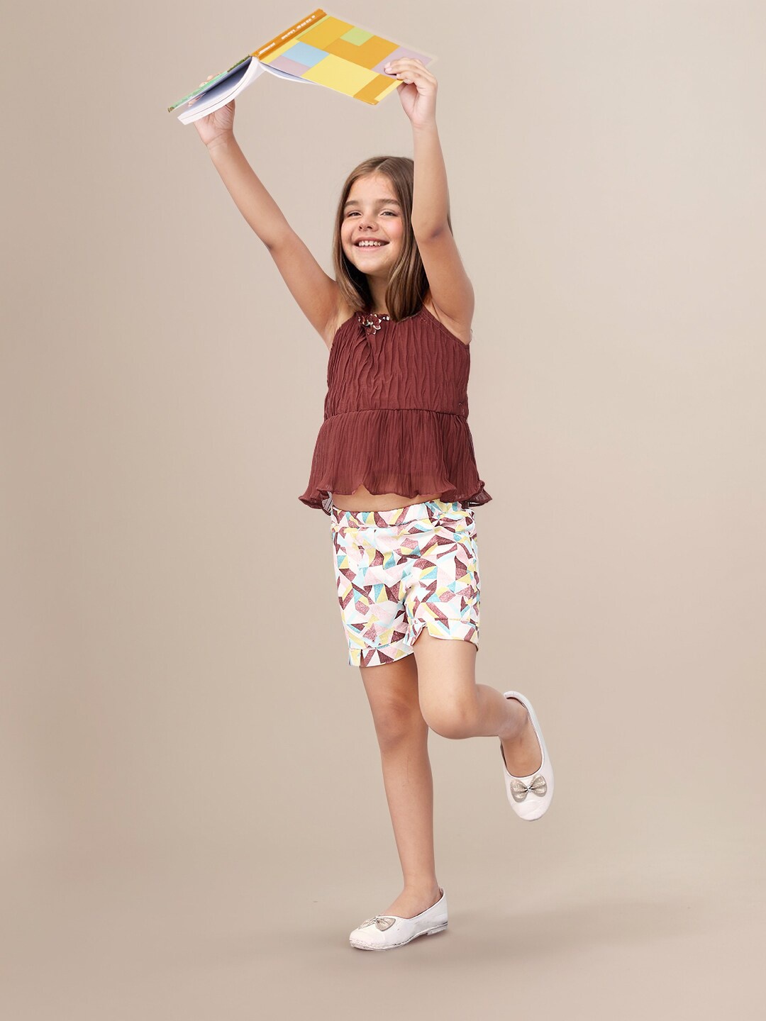 

Toonyport Girls Embellished Shoulder Straps Top with Shorts, Brown