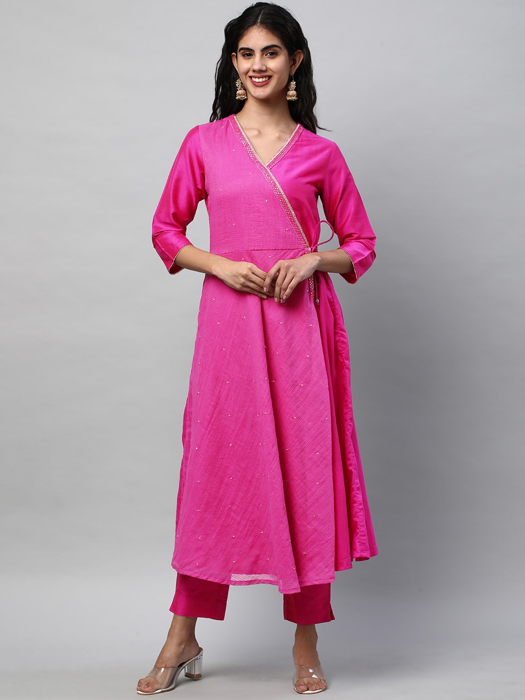 

KAMI KUBI Embellished Gotta Patti Angrakha A-Line Kurta, Pink