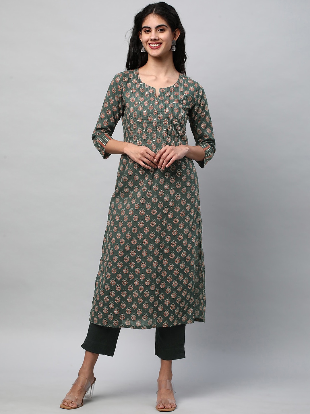 

KAMI KUBI Ethnic Motifs Printed Sequinned Pin Tuck Pure Cotton Straight Kurta, Green