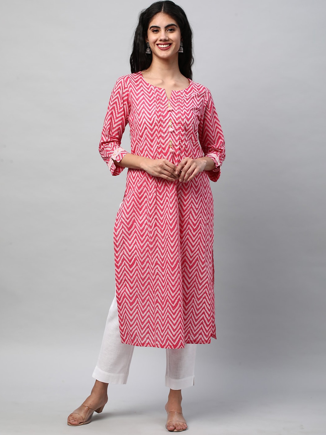 

KAMI KUBI Chevron Printed Pure Cotton Straight Kurta, Pink