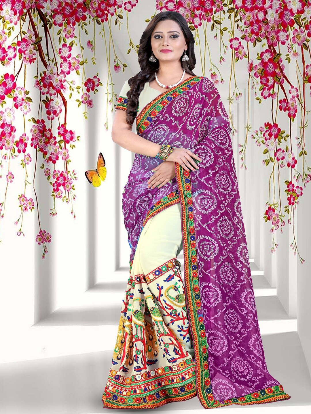

KALINI Bandhani Embroidered Half and Half Bandhani Saree, Pink