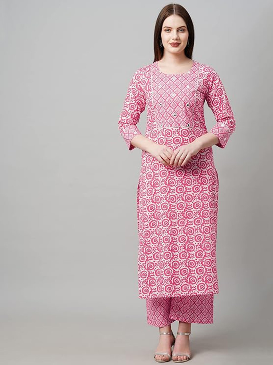 

BAESD Ethnic Motifs Printed Mirror Work Detailed Straight Kurta With Trouser, Pink
