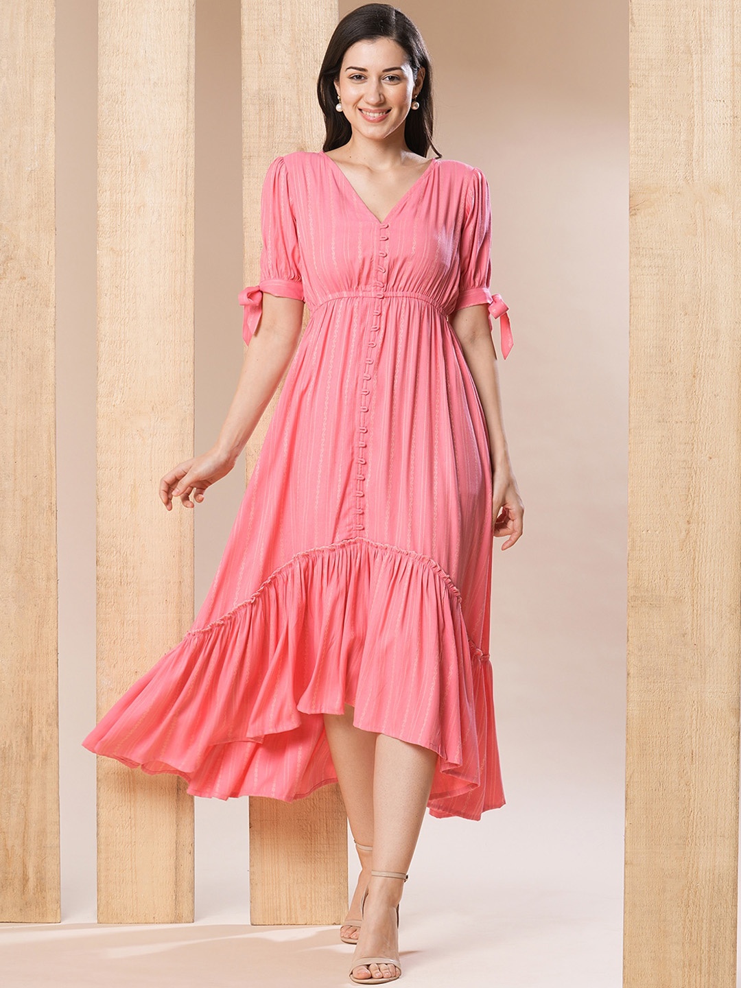 

Globus Self Design Gathered Waist High-Low Hem Fit & Flare Fusion Midi Dress, Pink