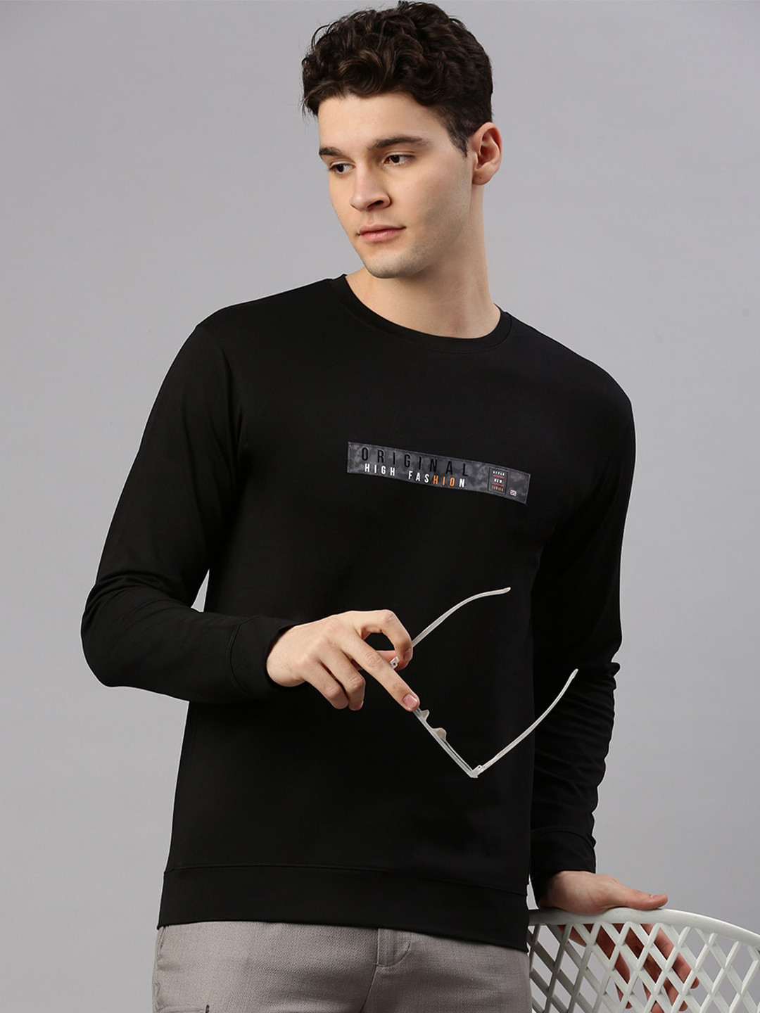 

ZEDD Printed Round Neck Cotton Sweatshirt, Black