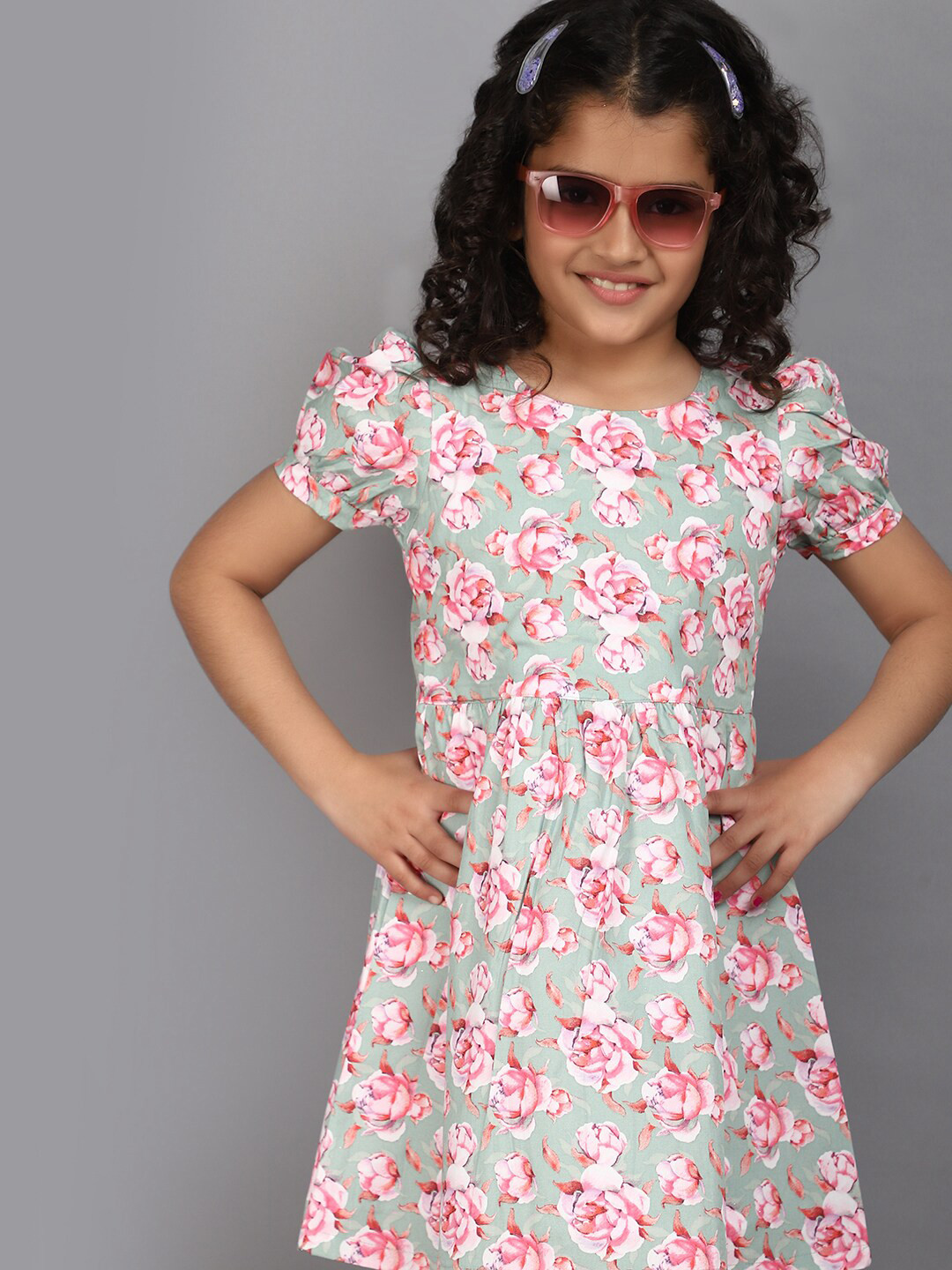 

V-Mart Girls Floral Printed Puff Sleeve Cotton Fit & Flare Dress, Pink