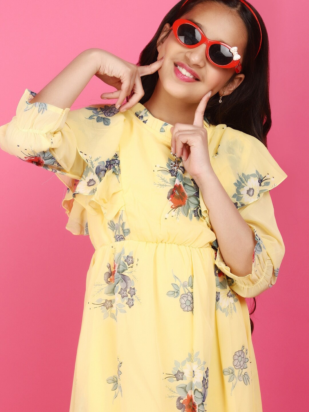

V-Mart Girls Floral Printed Round Neck Flutter Sleeves Knee Length Fit & Flare Dress, Yellow