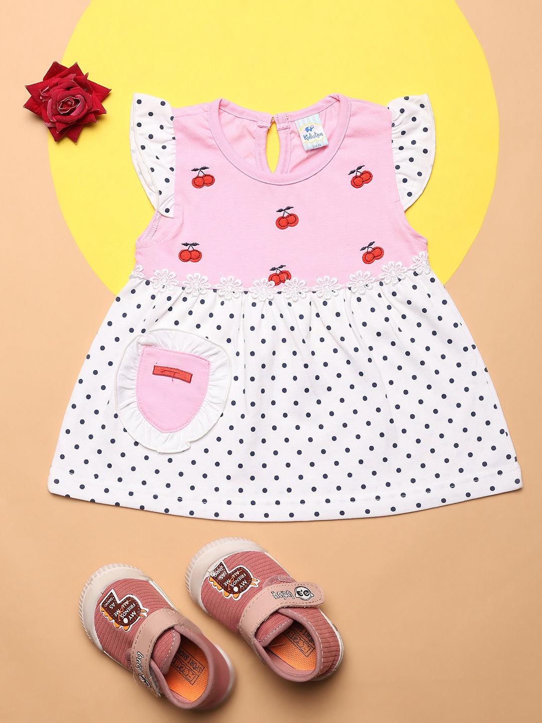 

V-Mart Polka Dot Print Cotton Round Neck Fit & Flare Dress, Pink