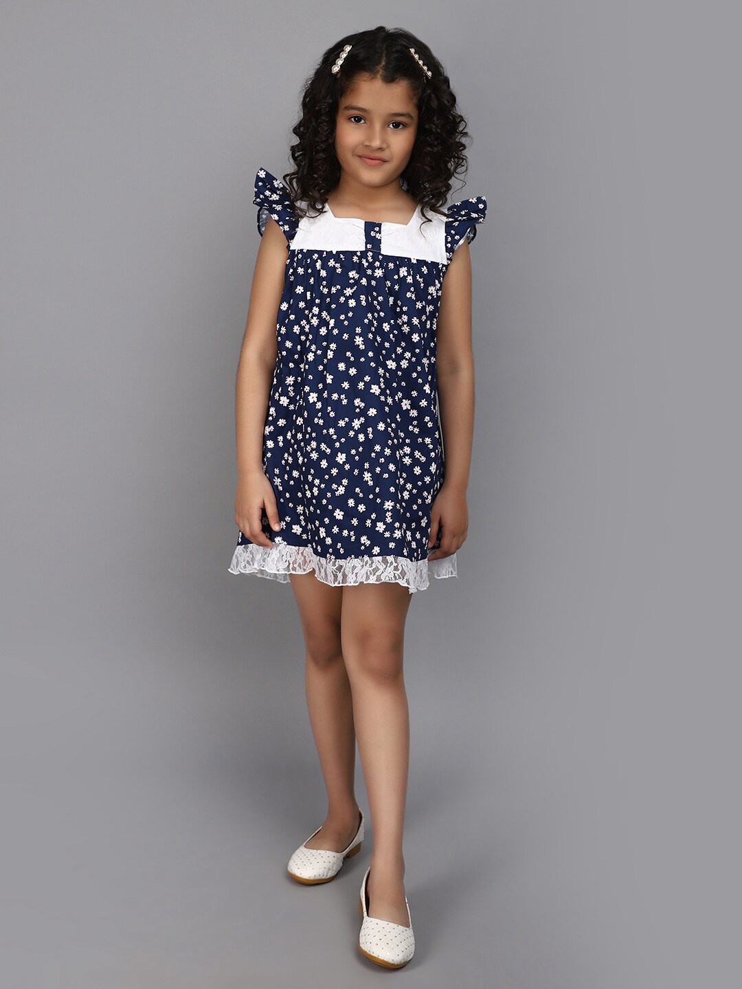 

V-Mart Girls Floral Printed Lace Inserts Cotton A-Line, Blue