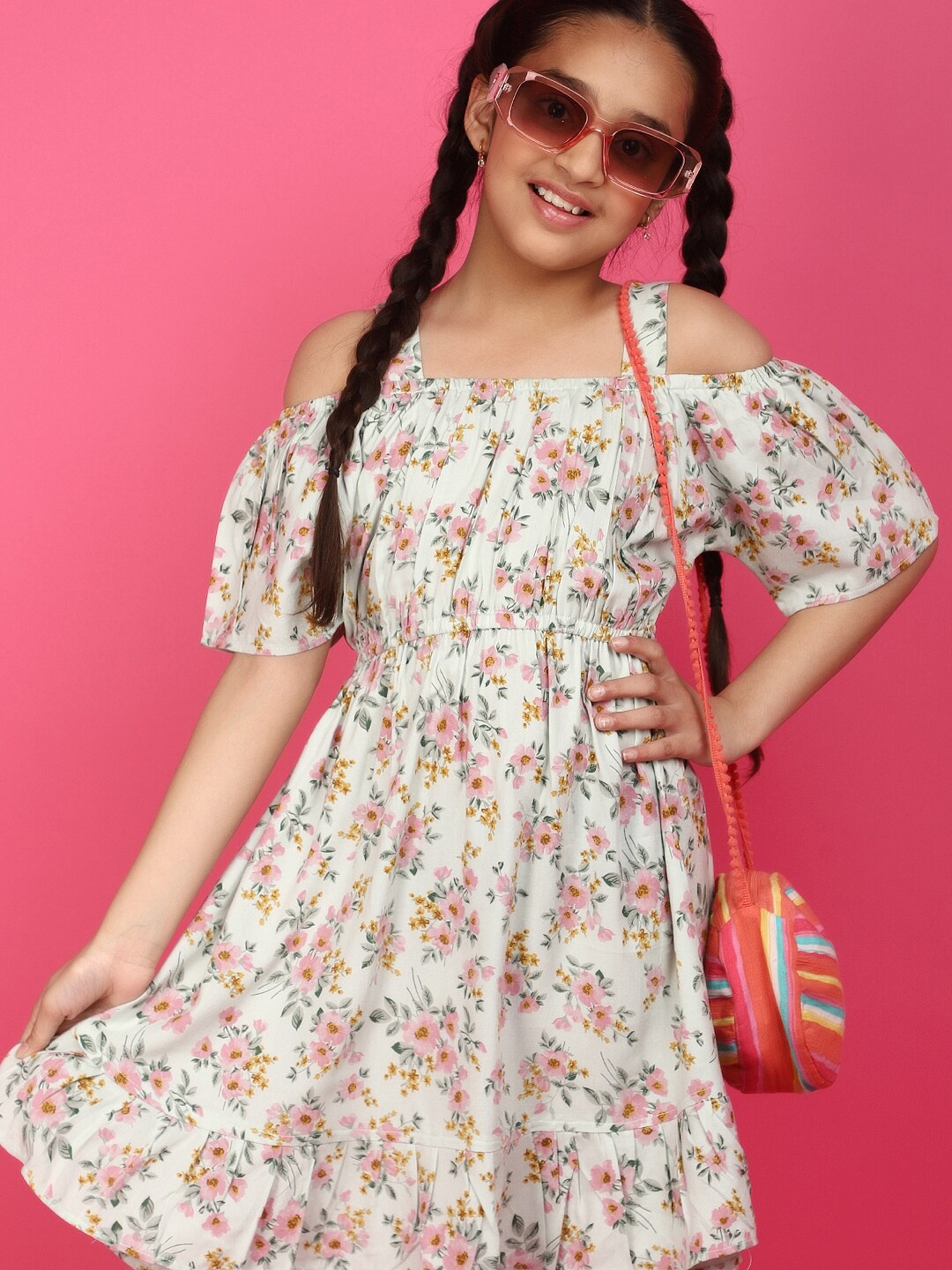

V-Mart Girls Floral Print Cold-Shoulder Sleeves Fit & Flare Midi Dress, Green