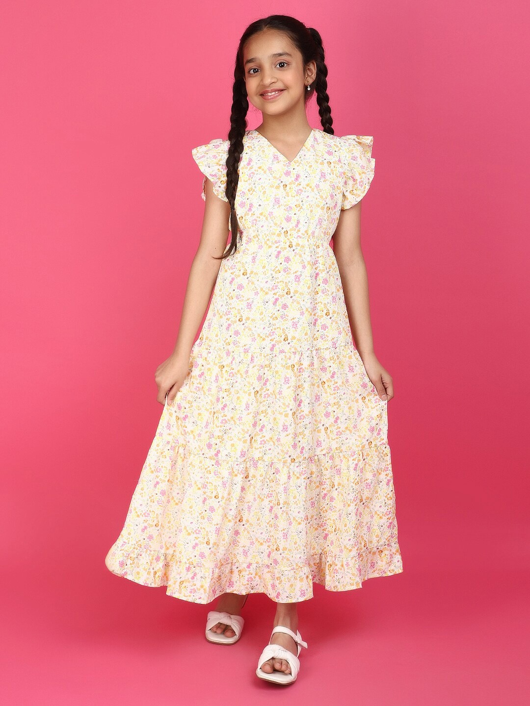 

V-Mart Girls Floral Printed V-Neck Flutter Sleeves A-Line Midi Dress, Yellow