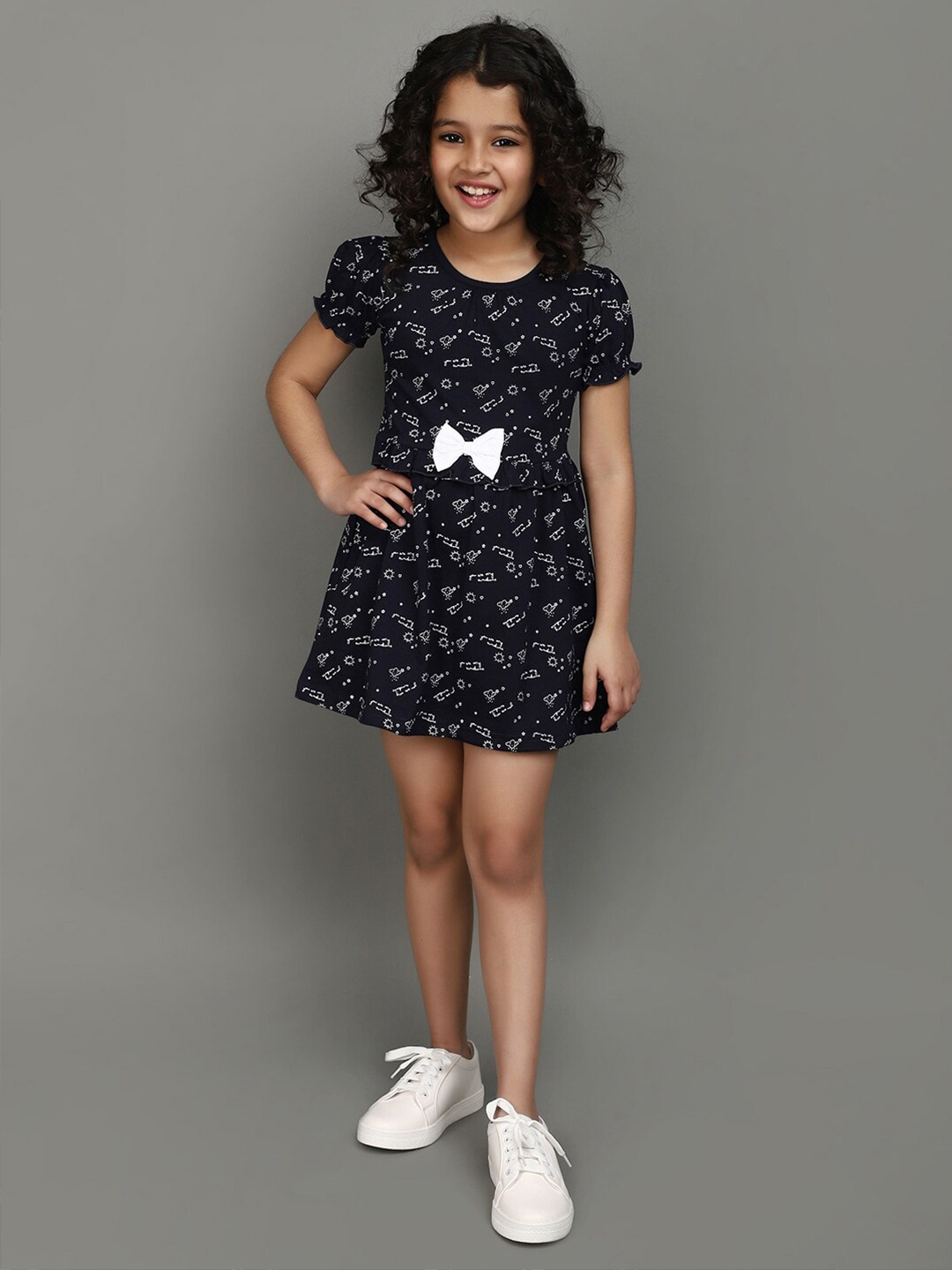 

V-Mart Girls Conversational Printed Puff Sleeves Cotton Fit & Flare Dress, Navy blue