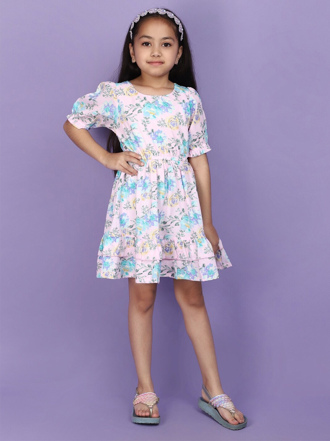 

V-Mart Floral Print Georgette Round Neck Fit & Flare Dress, Pink