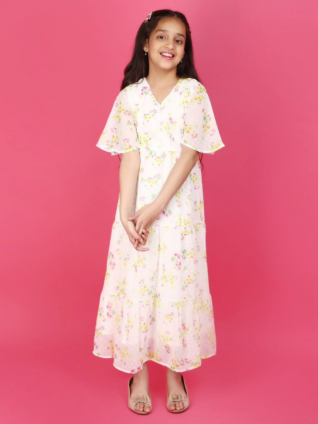 

V-Mart Floral Print Georgette Round Neck Fit & Flare Dress, White