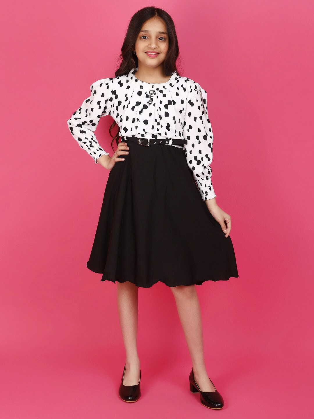 

V-Mart Girls Polka Dots Printed Georgette Belted Fit & Flare Dress, White