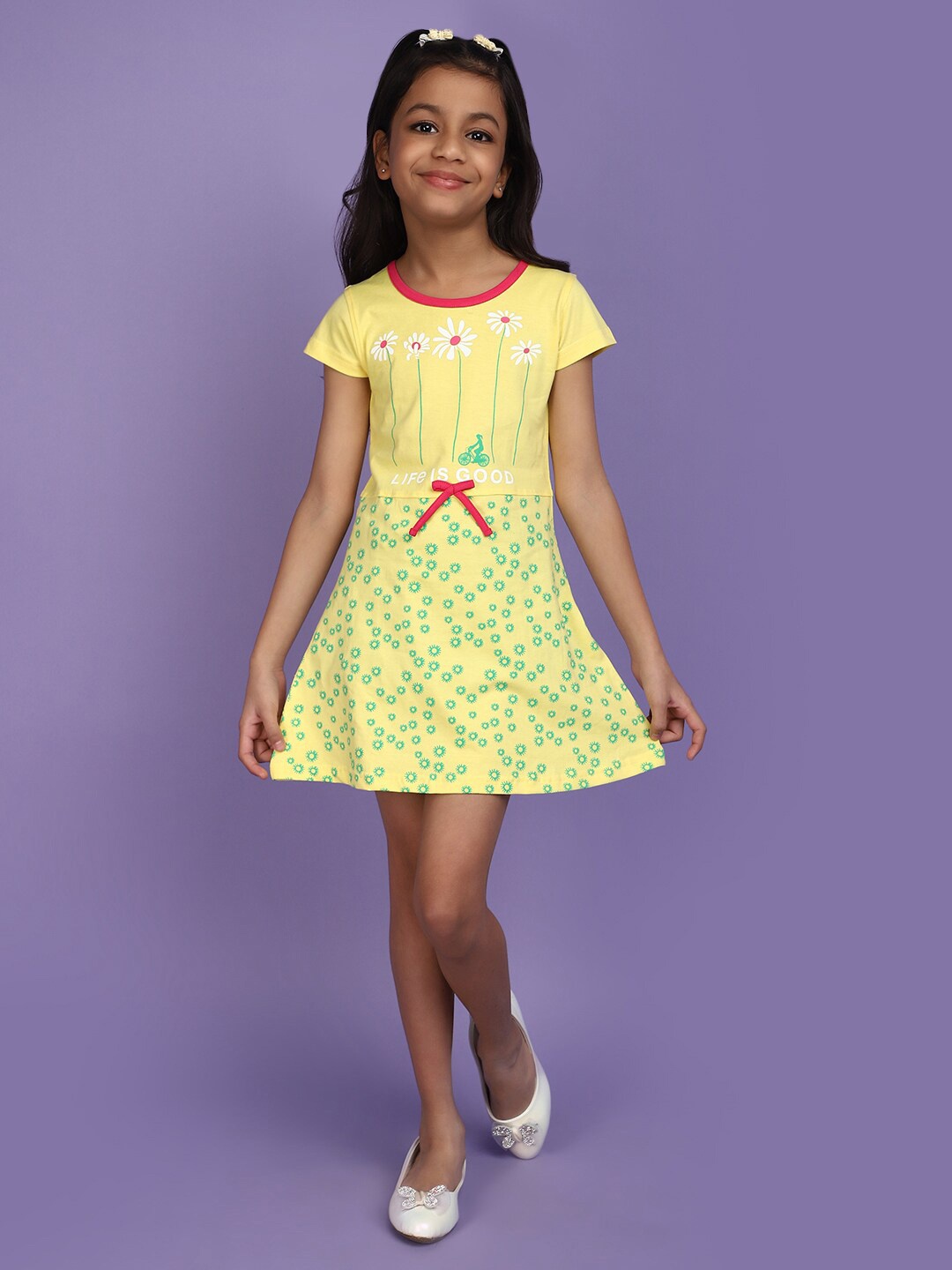 

V-Mart Girls Floral Printed Cotton Fit & Flare Dress, Yellow