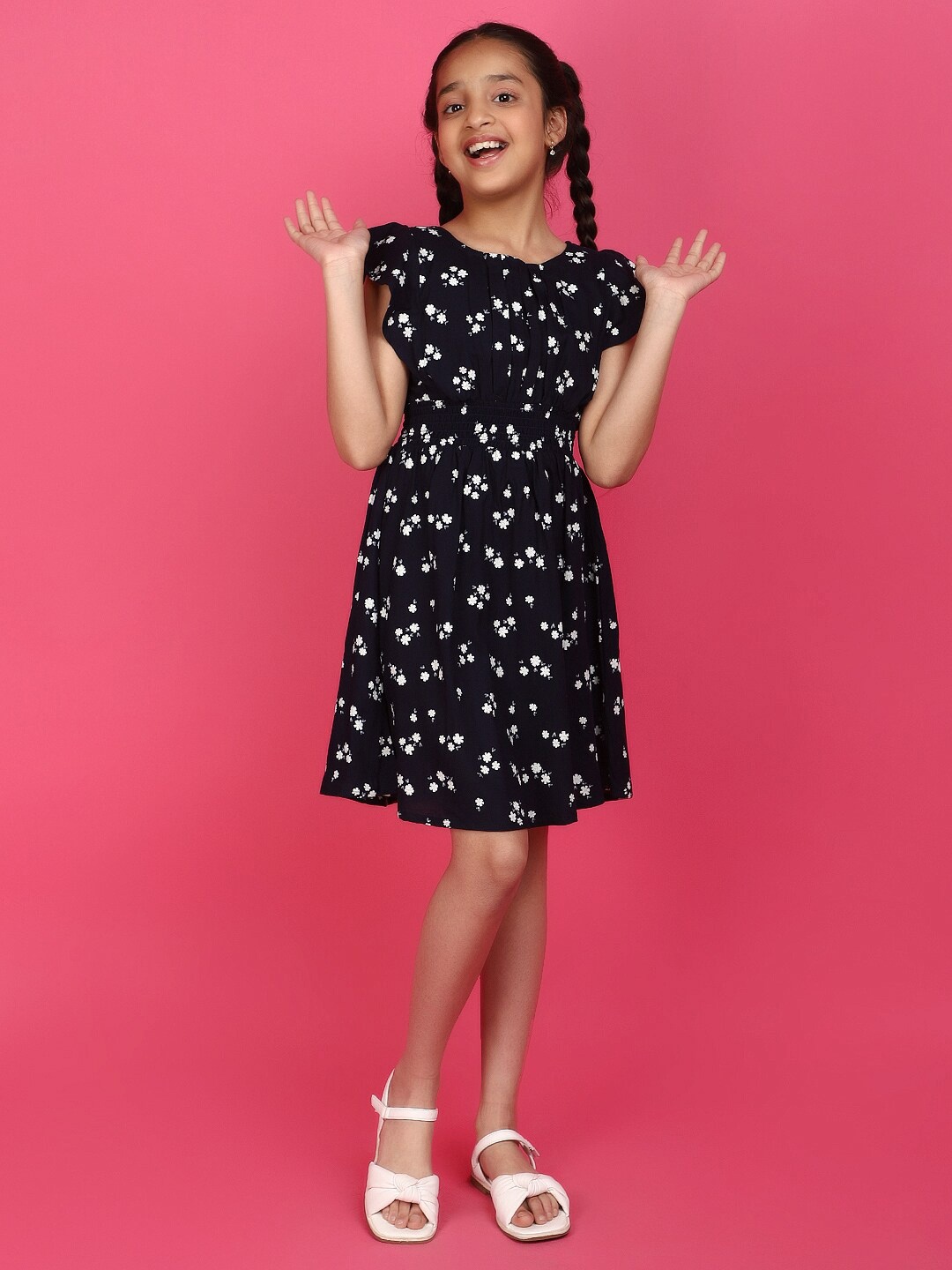 

V-Mart Floral Print Flutter Sleeve Fit & Flare Dress, Blue