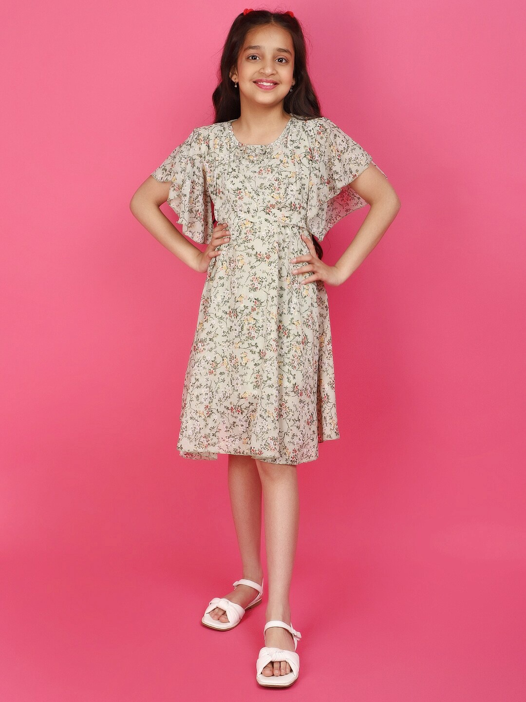 

V-Mart Girls Floral Printed Round Neck Flared Sleeves Fit & Flare Dress, Green