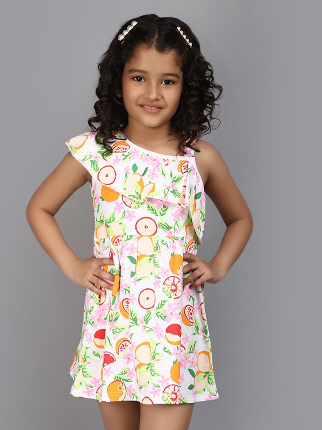 

V-Mart Girls Conversational Printed One Shoulder Cotton Mini A-Line Dress, White