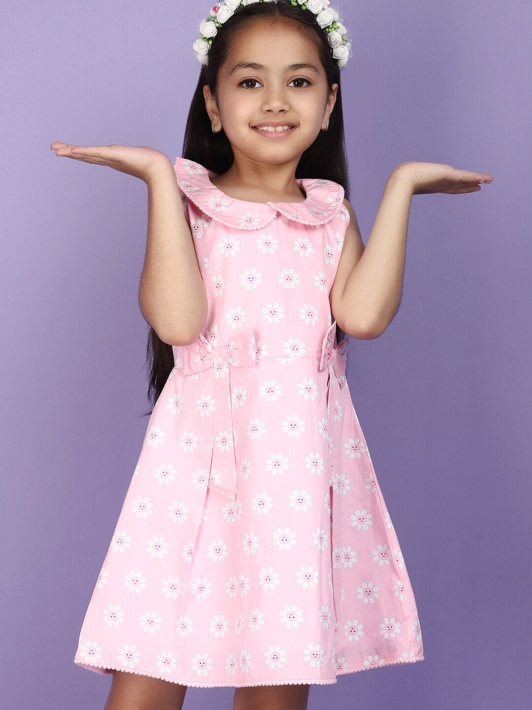 

V-Mart Girls Floral Printed Peter Pan Collar Bow Fit & Flare Dress, Pink