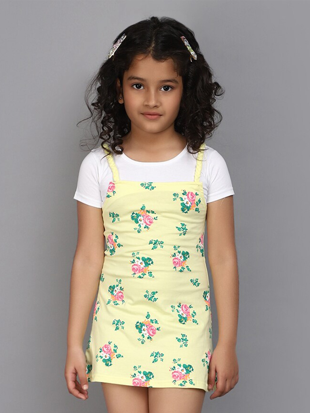 

V-Mart Floral Print Cotton Round Neck Pinafore Dress, Yellow