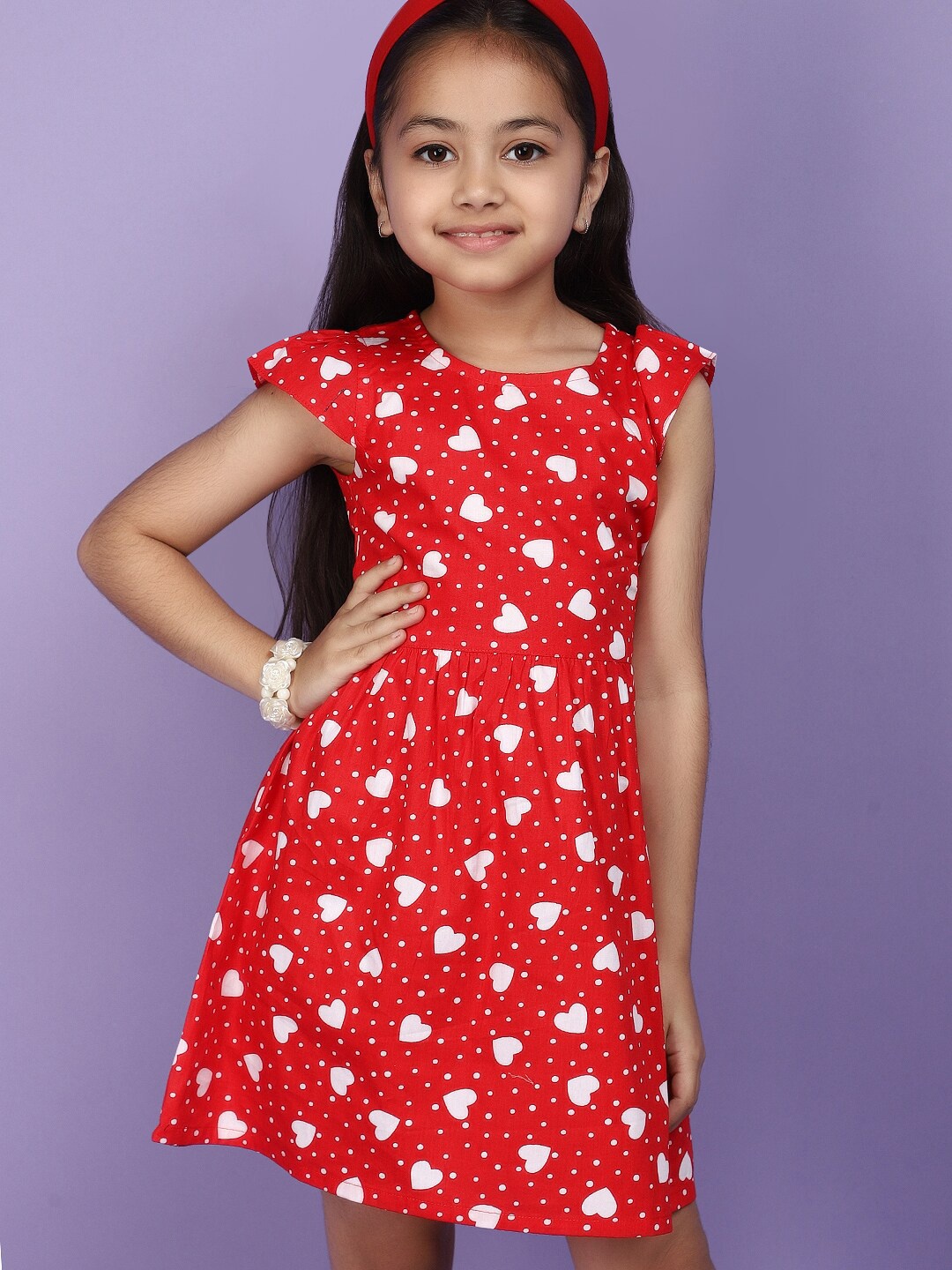 

V-Mart Girls Conversational Printed Cap Sleeves Cotton Fit & Flare Dress, Red
