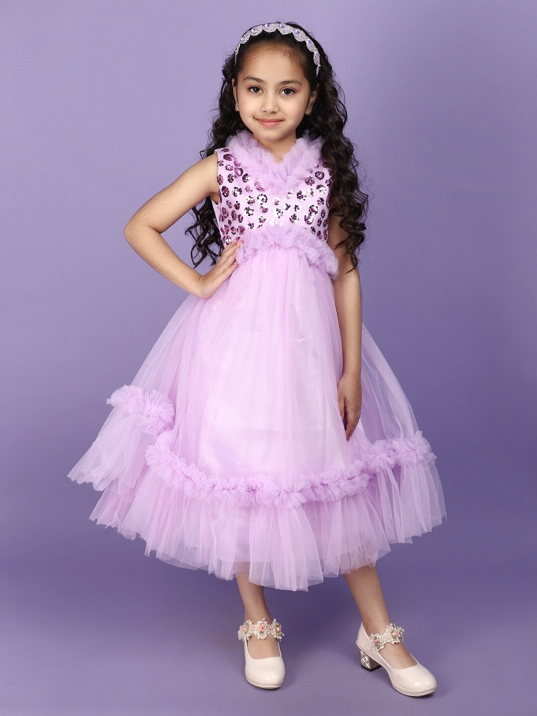 

V-Mart Girls Embellished Ruffles Net Fit & Flare Dress, Lavender