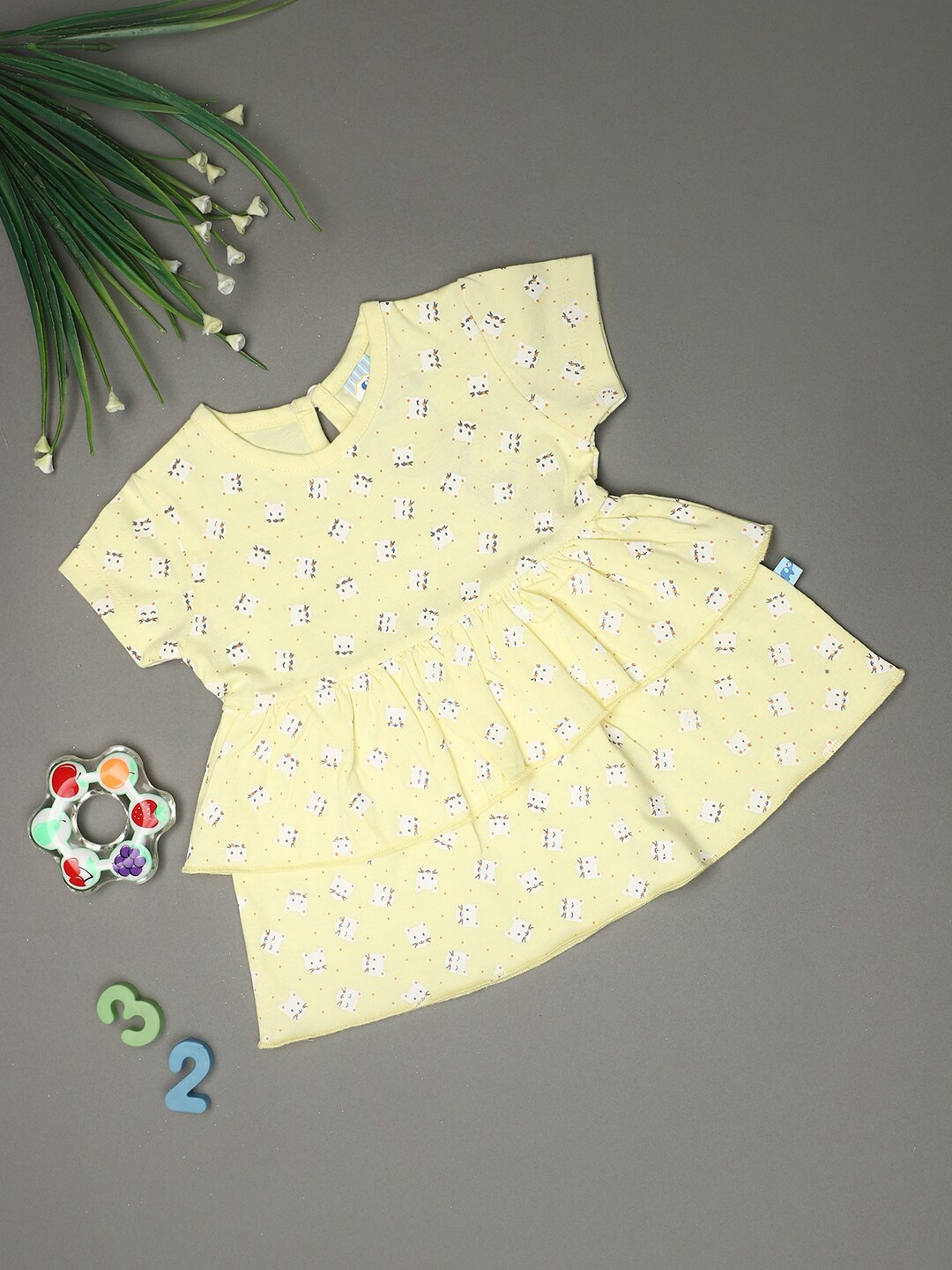 

V-Mart Girls Conversational Printed Gathered Cotton A-Line Dress, Yellow