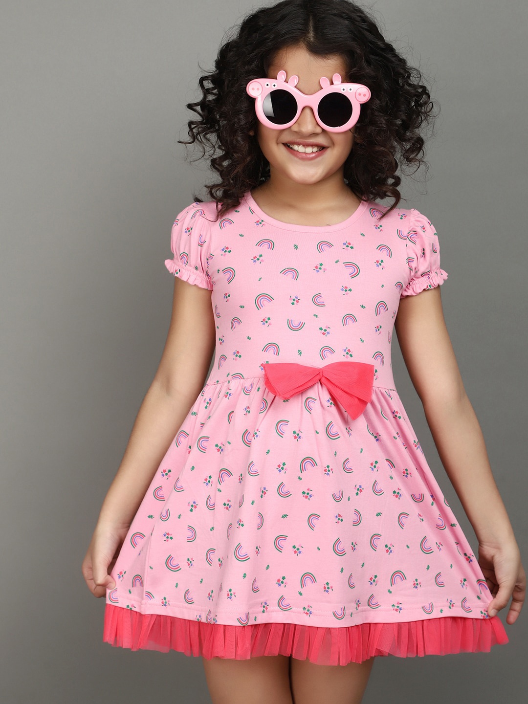 

V-Mart Print Cotton Round Neck Fit & Flare Dress, Pink