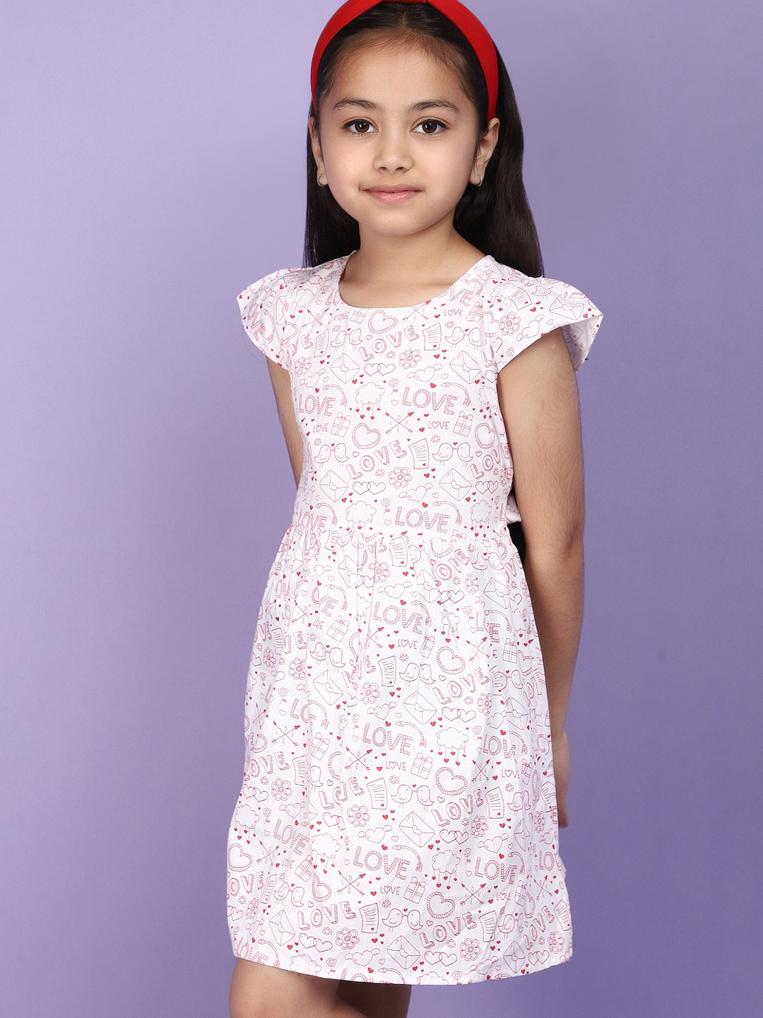 

V-Mart Girls Floral Print Cotton Round Neck Fit & Flare Dress, White