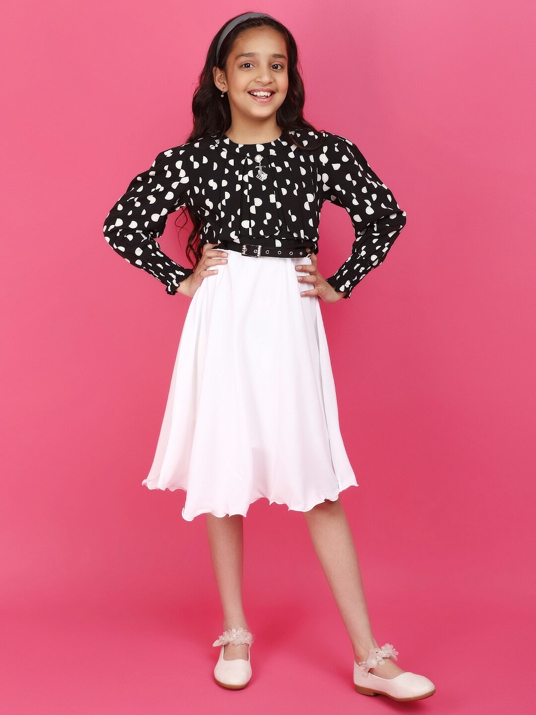 

V-Mart Girls Polka Dot Printed Puff Sleeve Belted Georgette Fit & Flare Dress, Black