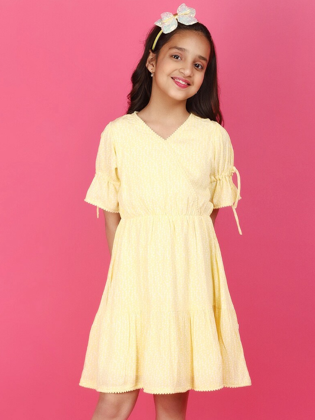 

V-Mart Girls Self Design Printed Flared Sleeves A Line Dress, Yellow