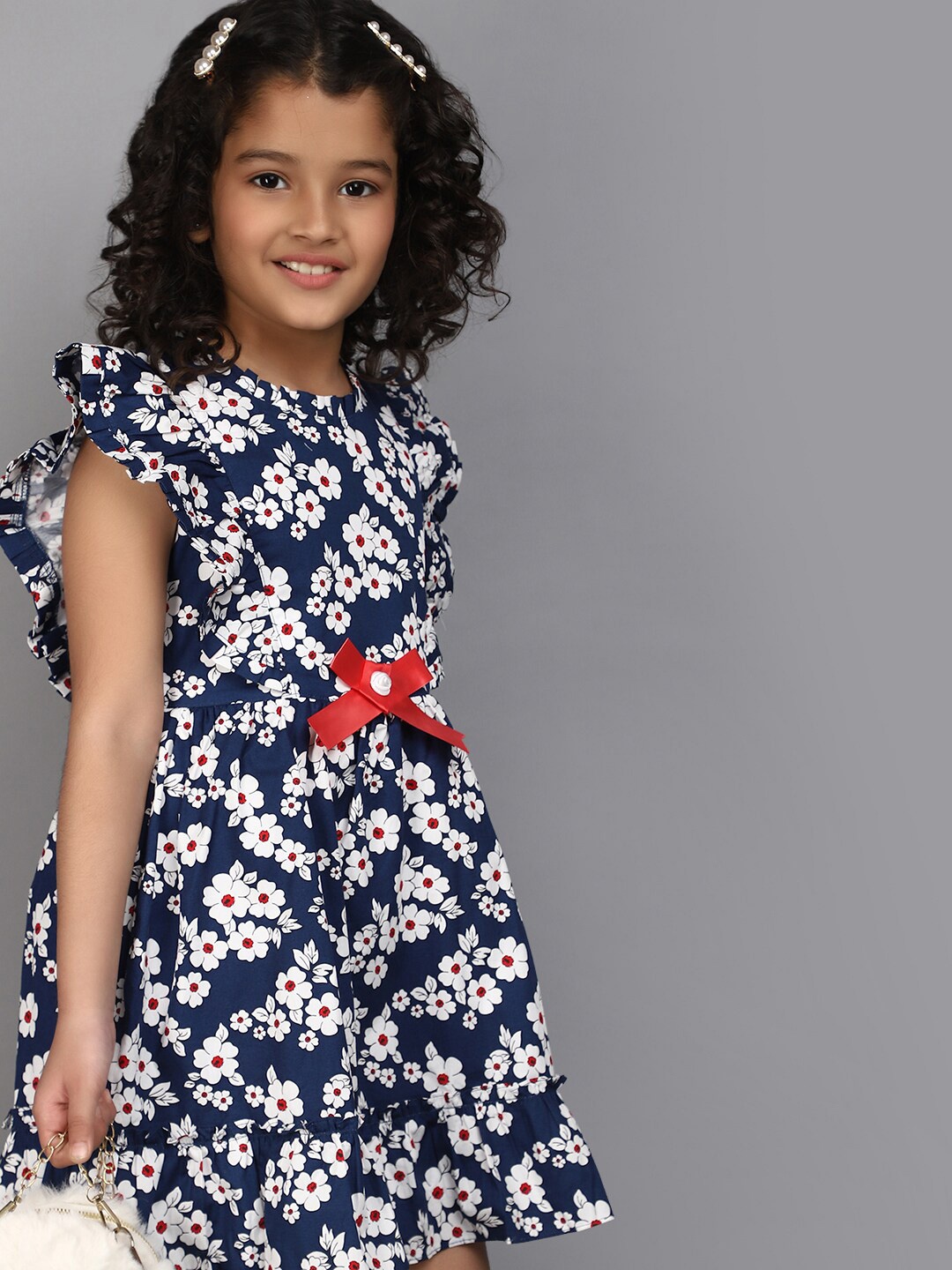 

V-Mart Girls Floral Printed Flutter Sleeve Fit & Flare Dress, Blue