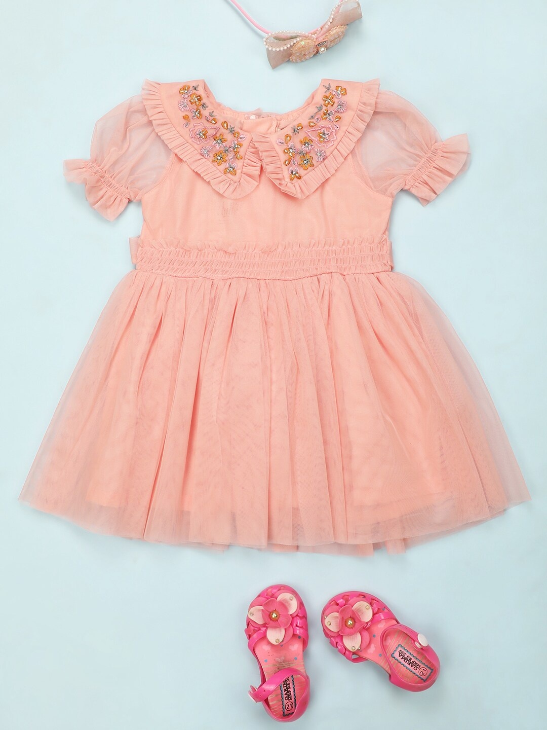 

V-Mart Infant Self Design Peter Pan Collar Frock Fit & Flare Dress, Orange