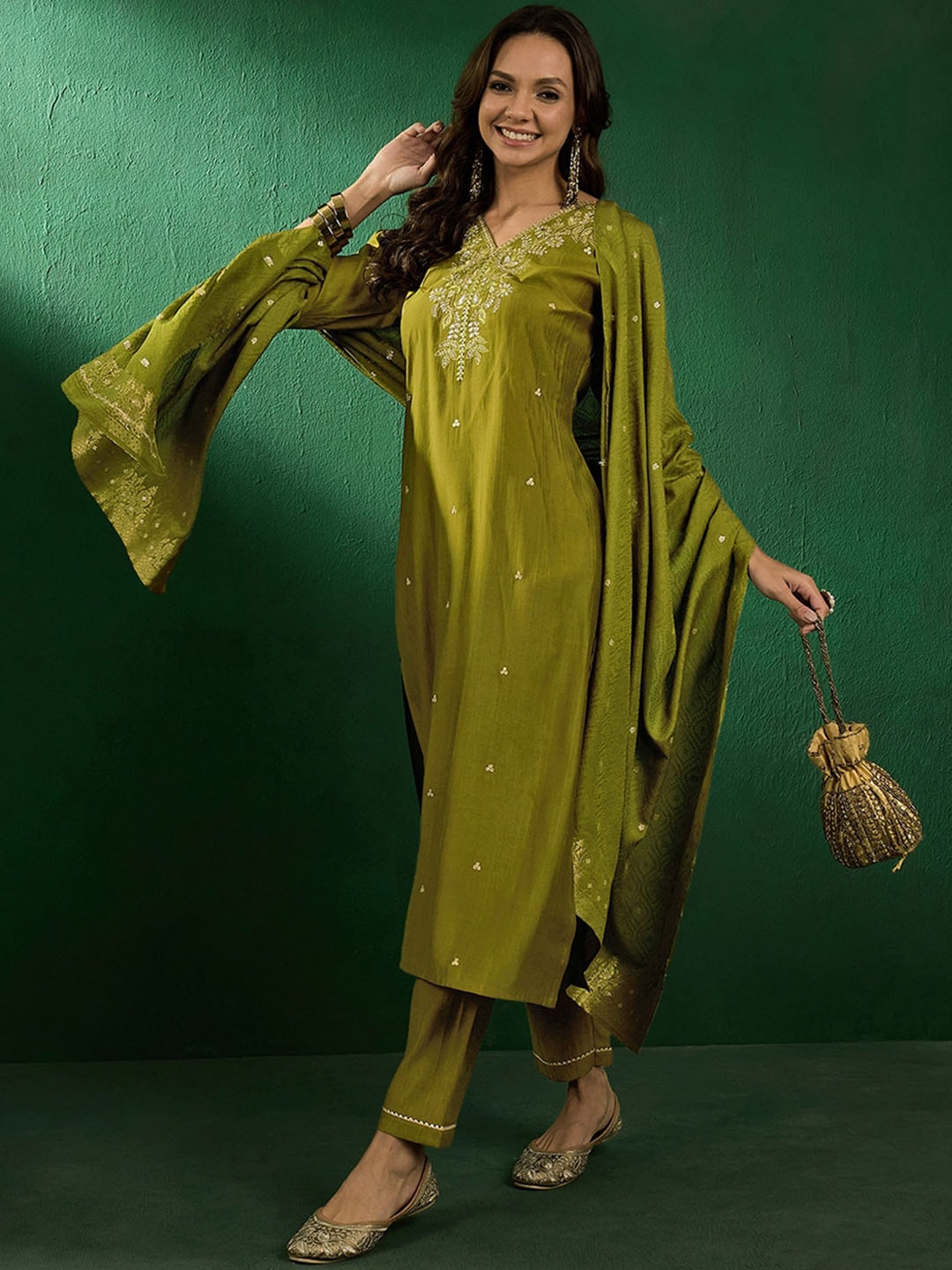 

Sangria Embroidered V-Neck Kurta With Trousers & Dupatta, Green