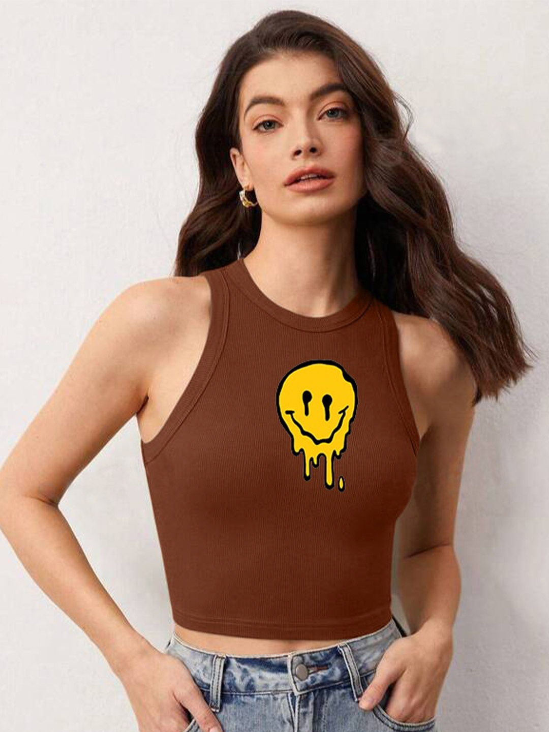 

TABADTOD Printed Round Neck Crop Top, Brown