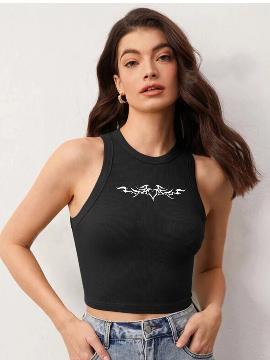 

TABADTOD Printed Round Neck Crop Top, Black