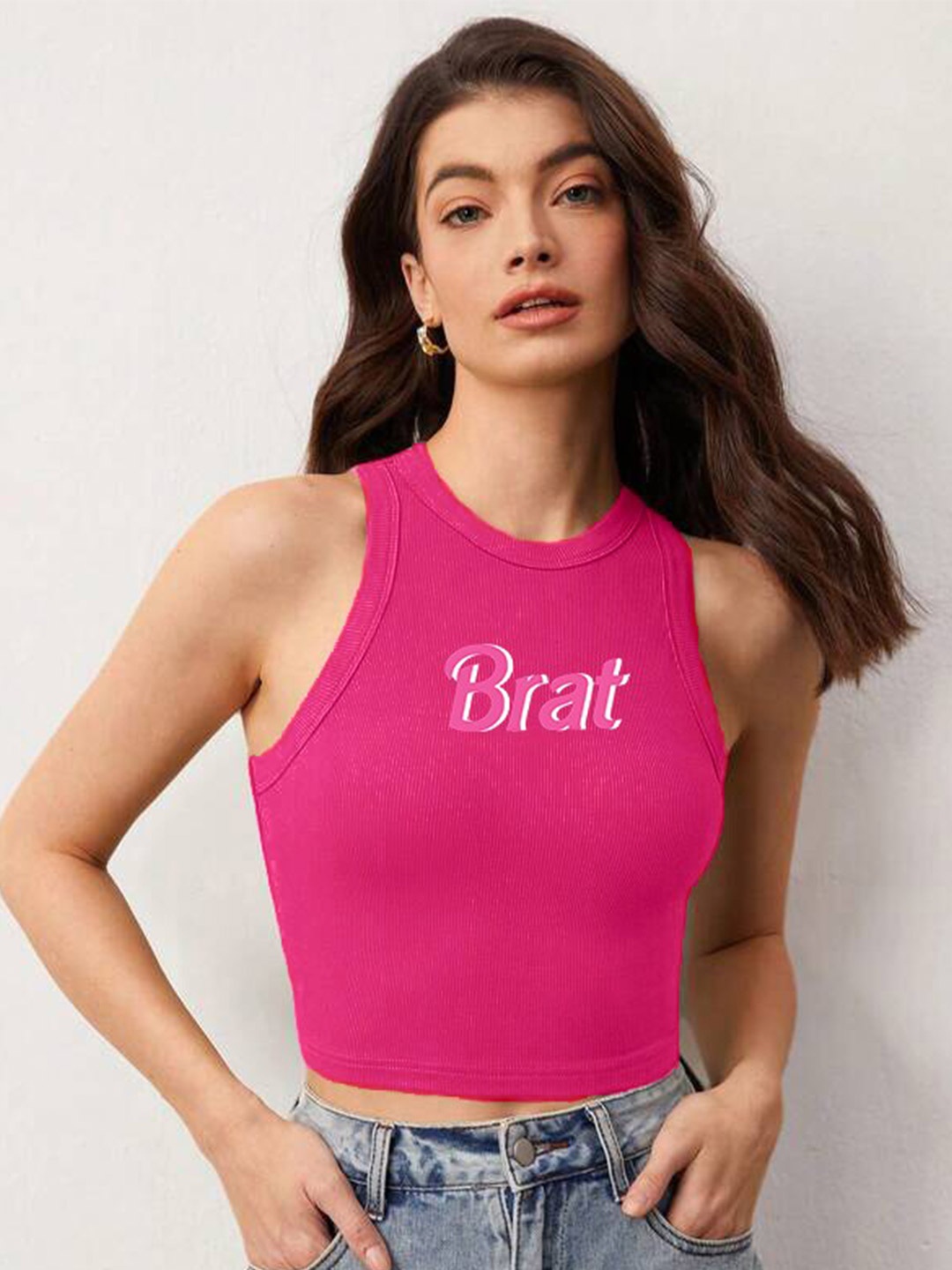 

TABADTOD Typography Printed Stretchable Ribbed Tank Crop Top, Pink