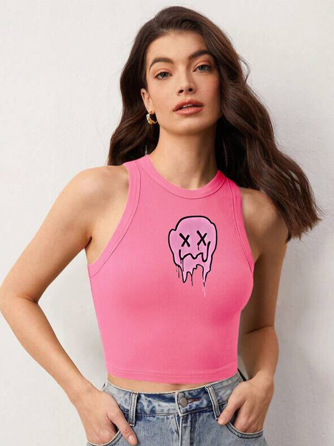 

TABADTOD Graphic Printed Ribbed Stretchable Tank Crop Top, Pink