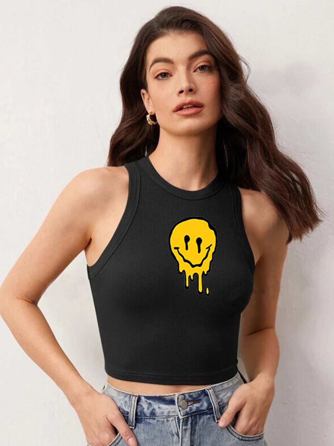 

TABADTOD Printed Round Neck Crop Top, Black