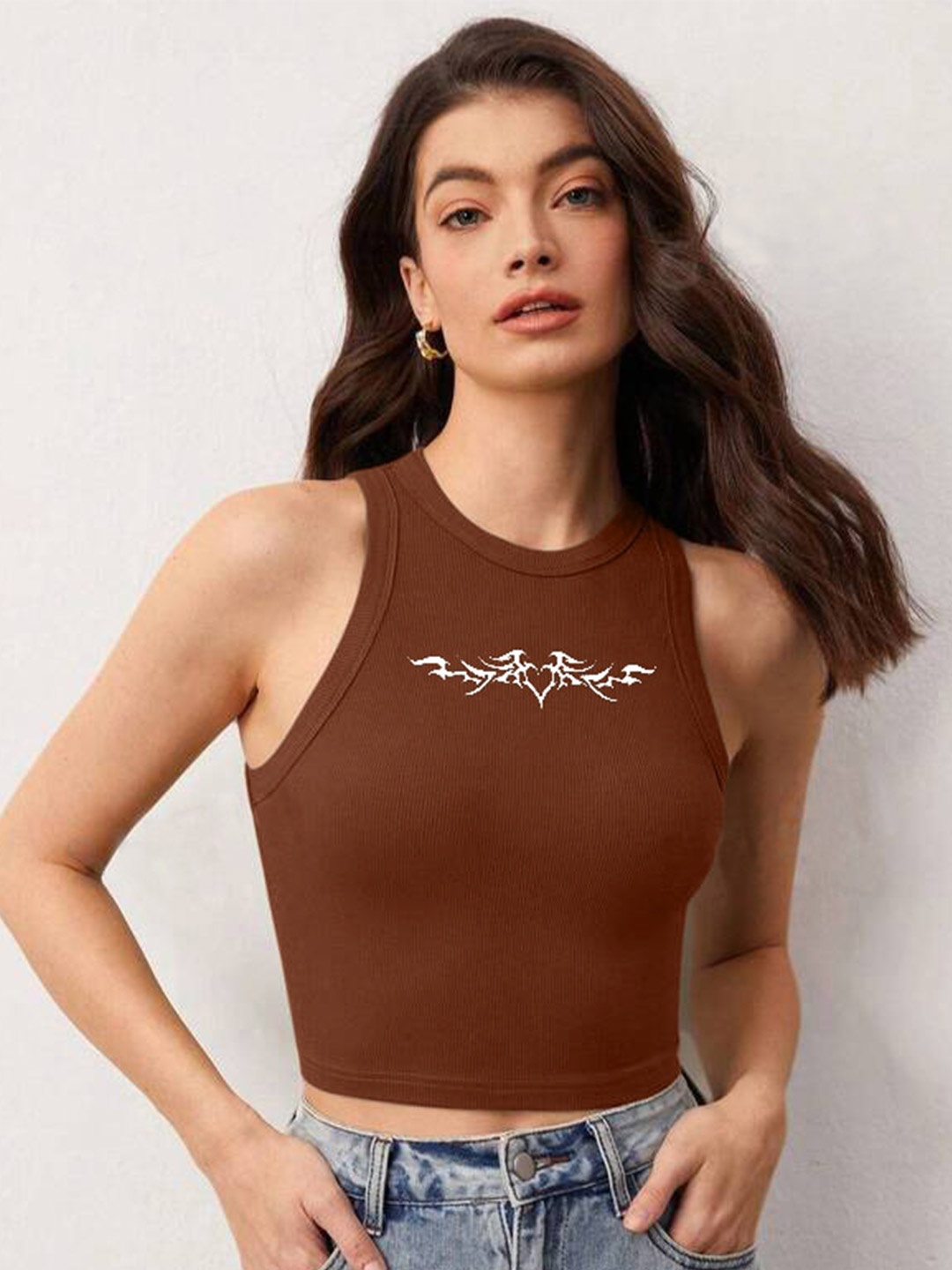 

TABADTOD Printed Round Neck Crop Top, Brown