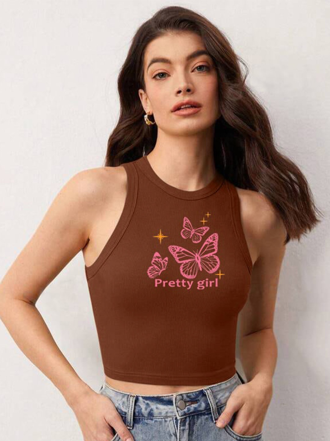 

TABADTOD Printed Round Neck Crop Top, Brown